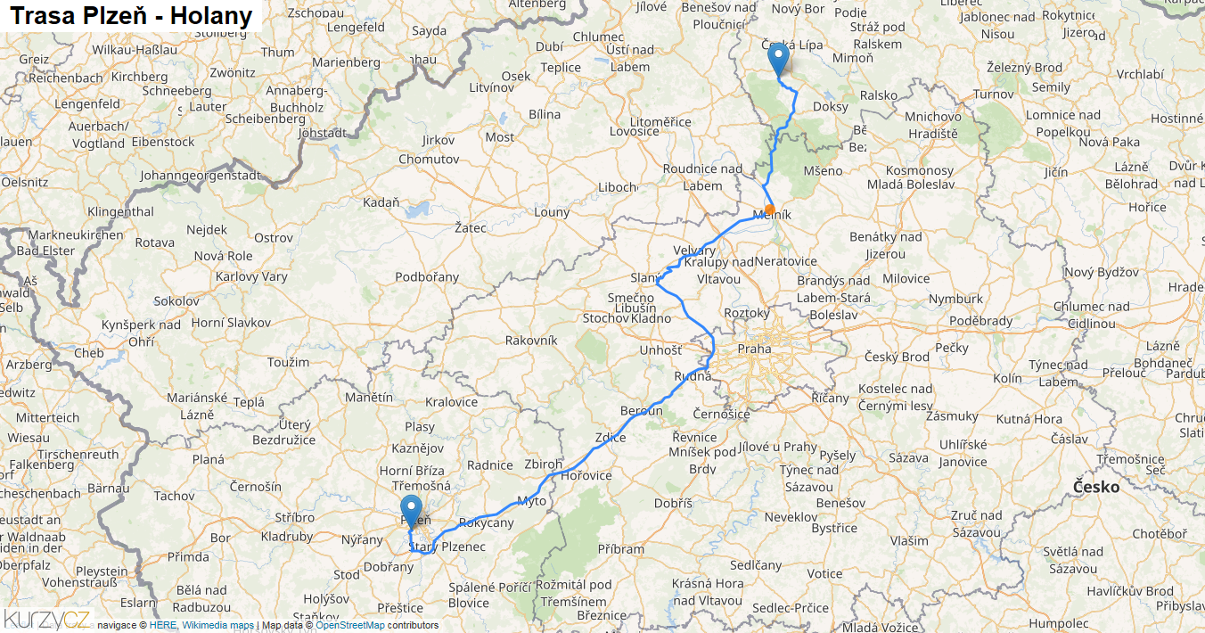 Plzeň-Holany, mapa trasy