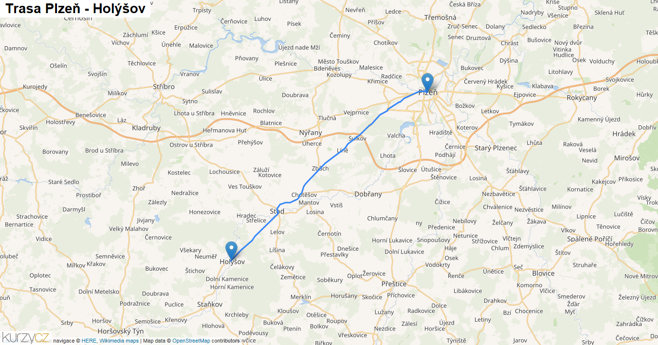 Plzeň-Holýšov, mapa trasy
