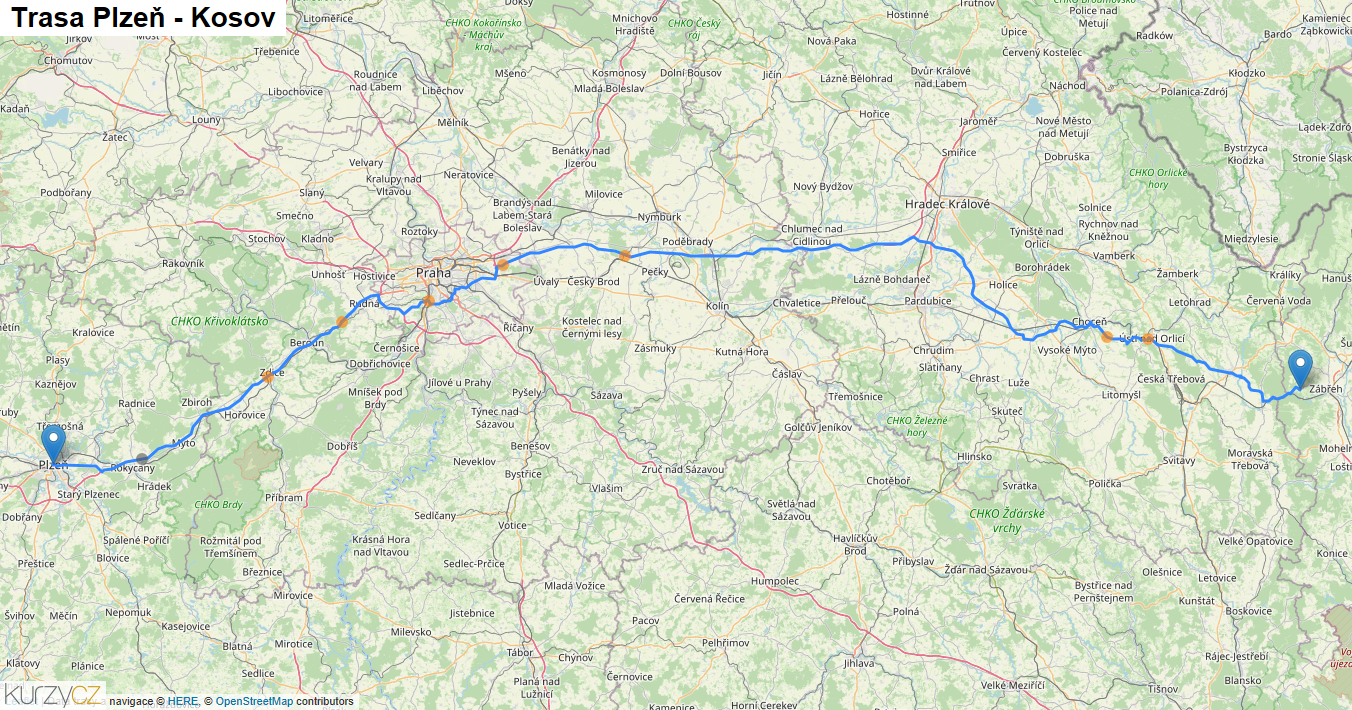 Plzeň-Kosov, mapa trasy