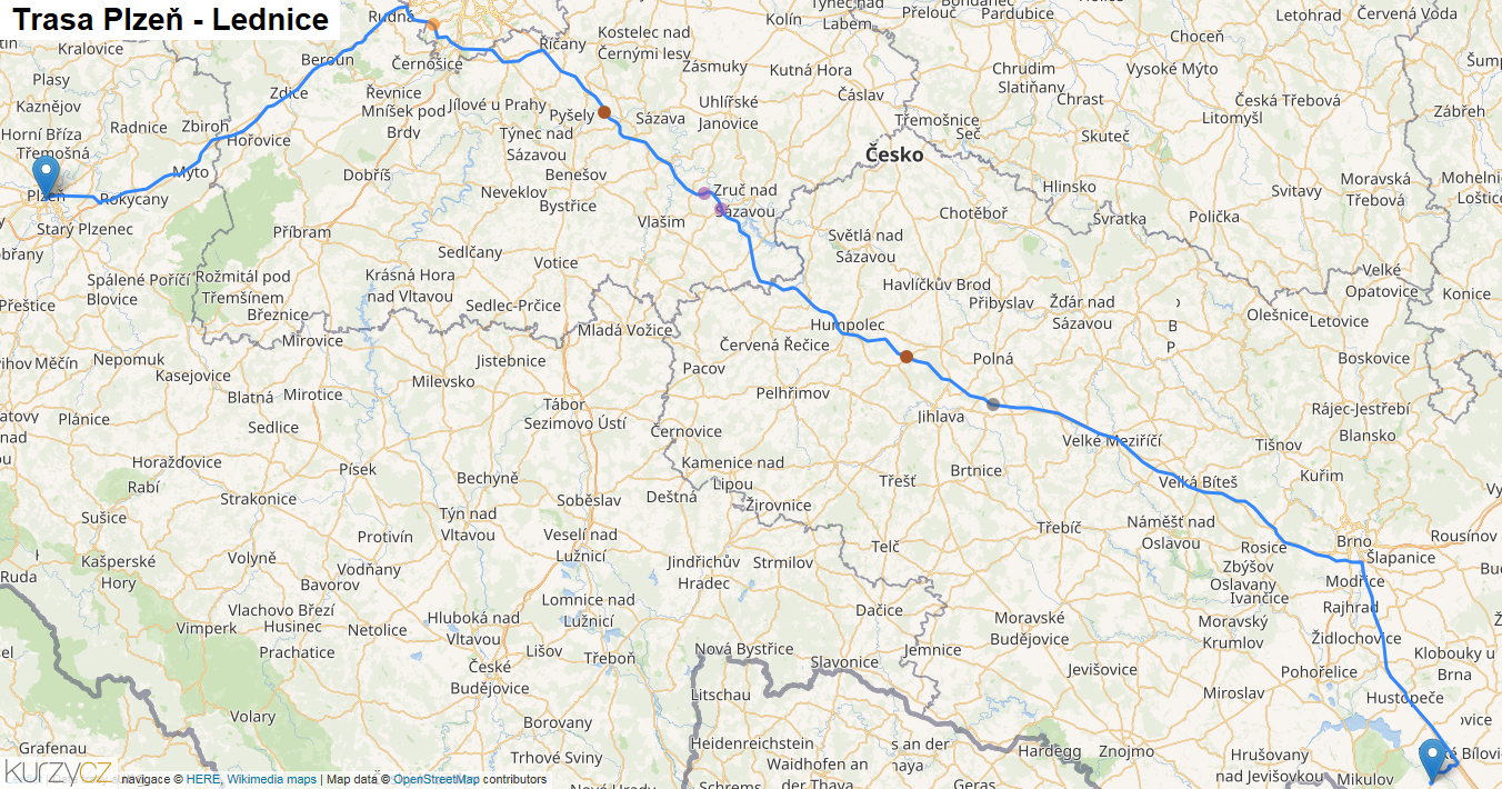 Plzeň-Lednice, mapa trasy