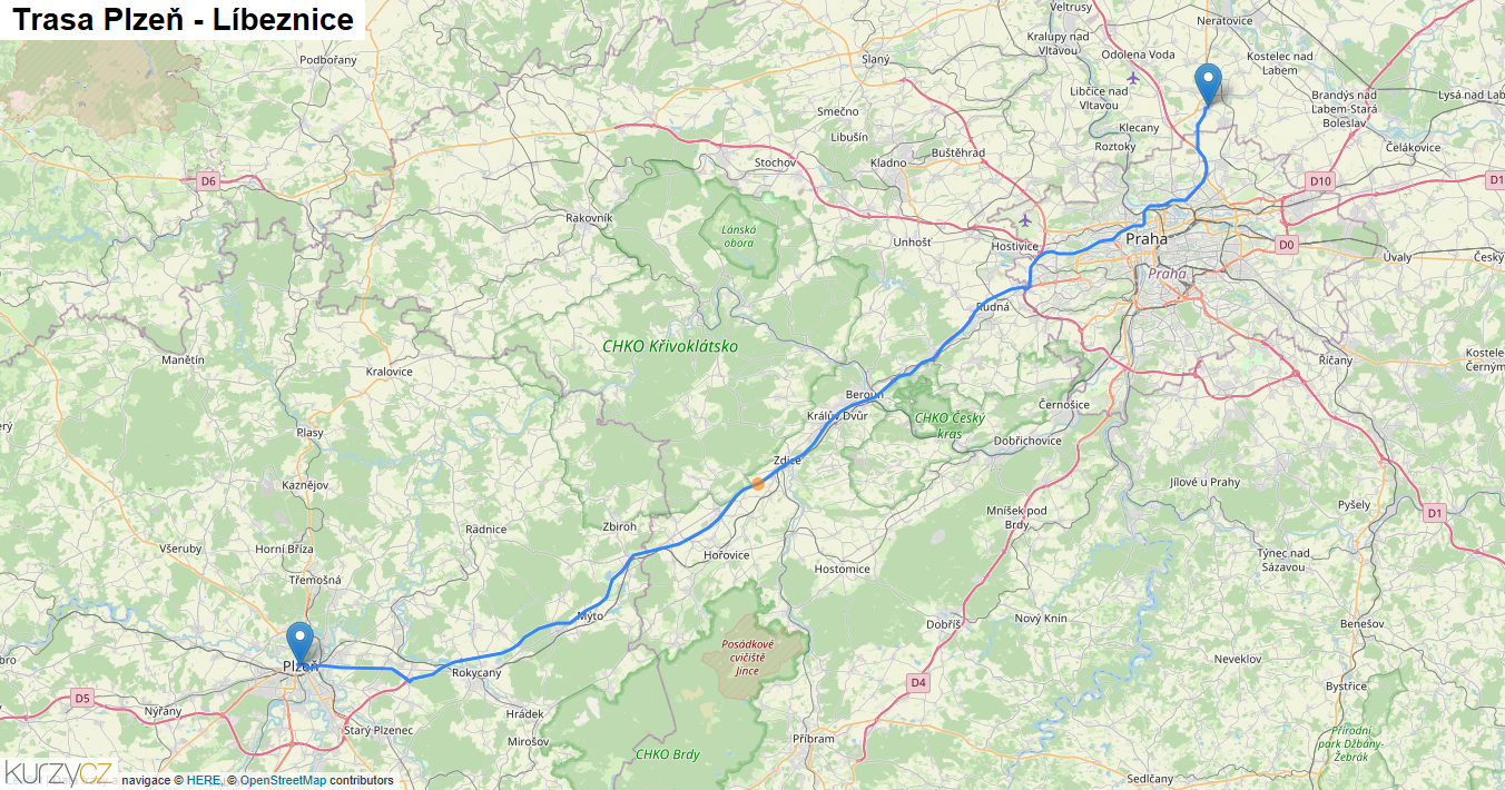 Plzeň-Líbeznice, mapa trasy