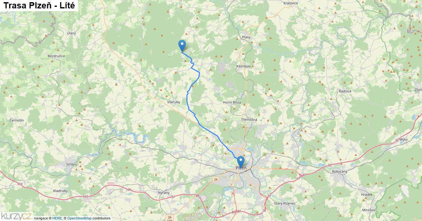 Plzeň-Líté, mapa trasy