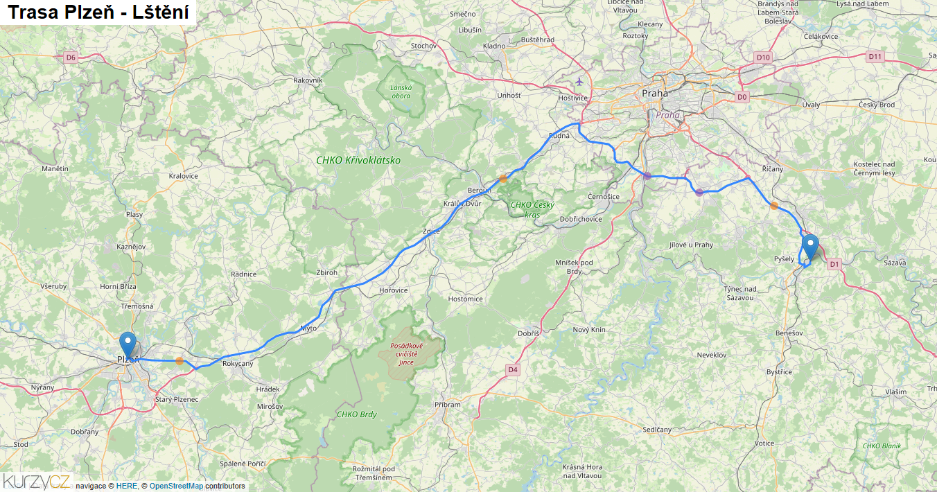 Plzeň-Lštění, mapa trasy