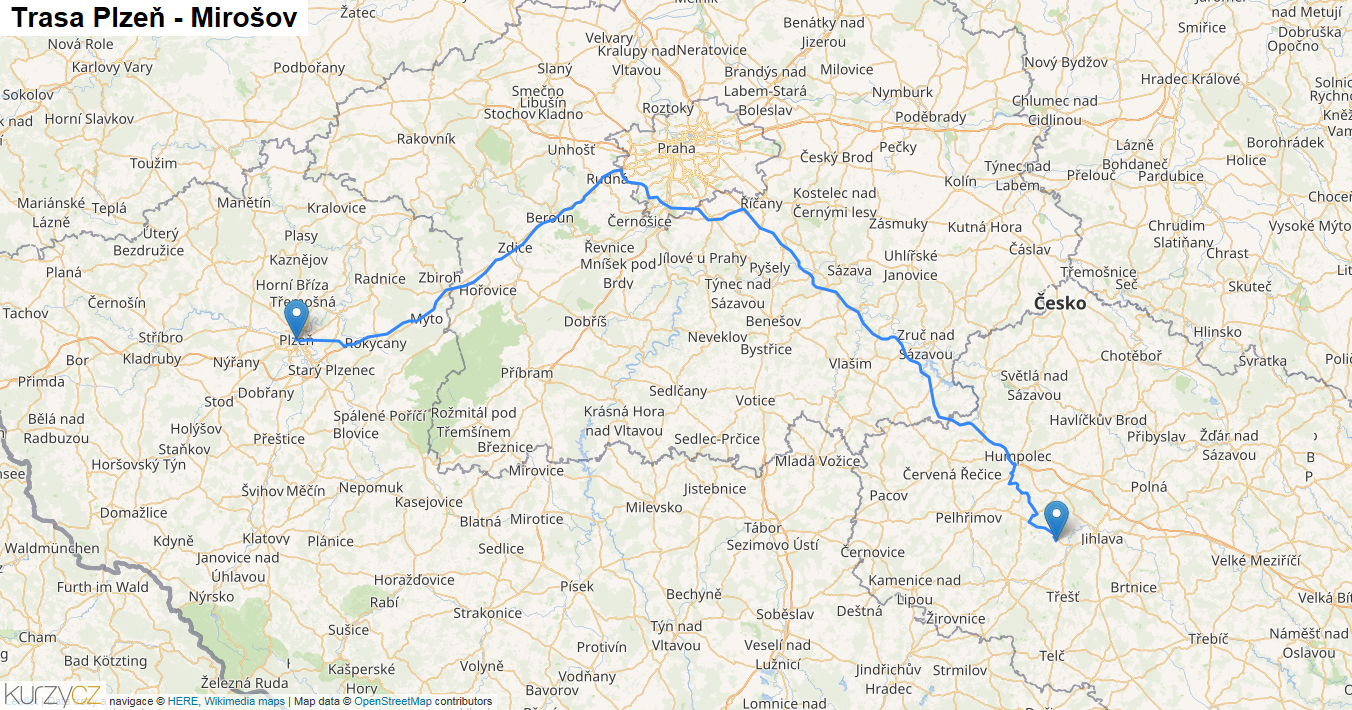 Plzeň-Mirošov, mapa trasy