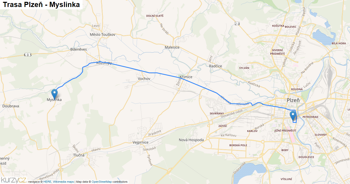 Plzeň-Myslinka, mapa trasy