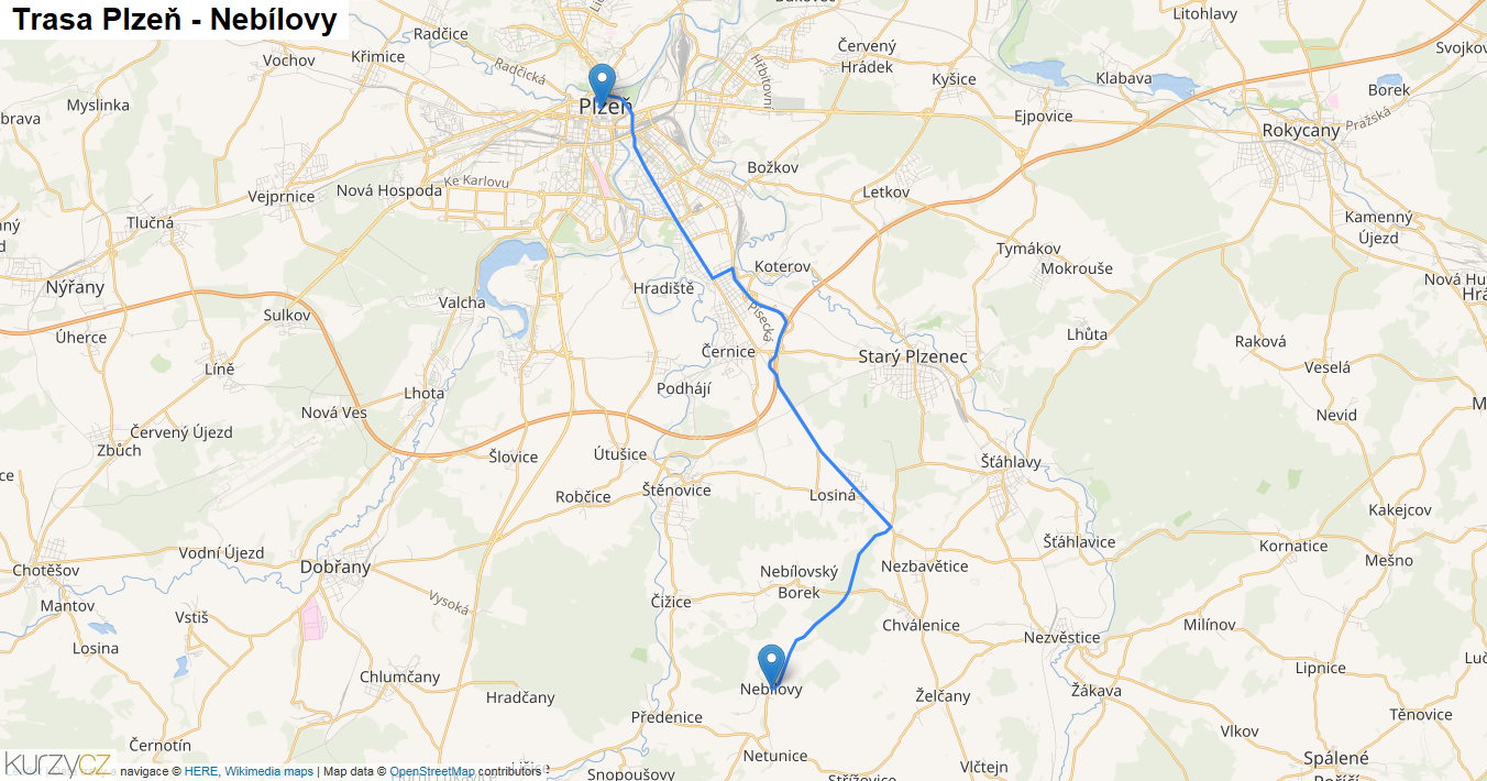 Plzeň-Nebílovy, mapa trasy