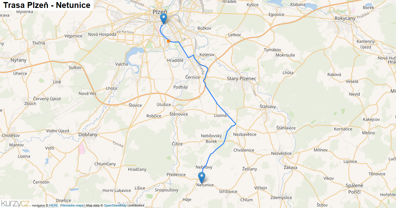 Plzeň-Netunice, mapa trasy