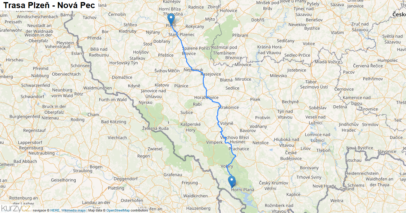 Plzeň-Nová Pec, mapa trasy