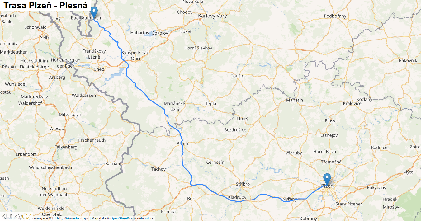 Plzeň-Plesná, mapa trasy