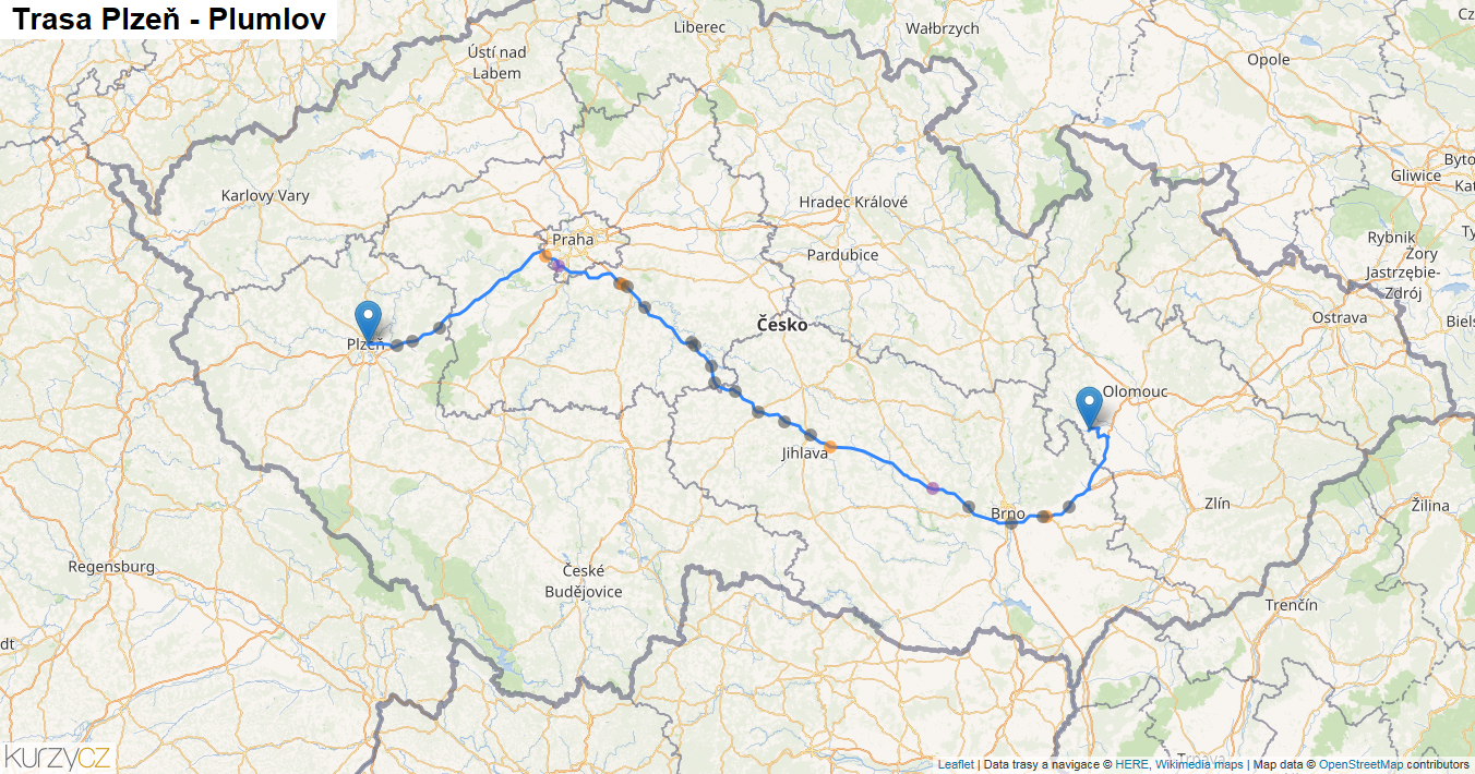 Plzeň-Plumlov, mapa trasy
