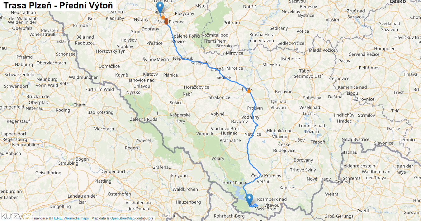 Plzeň-Přední Výtoň, mapa trasy