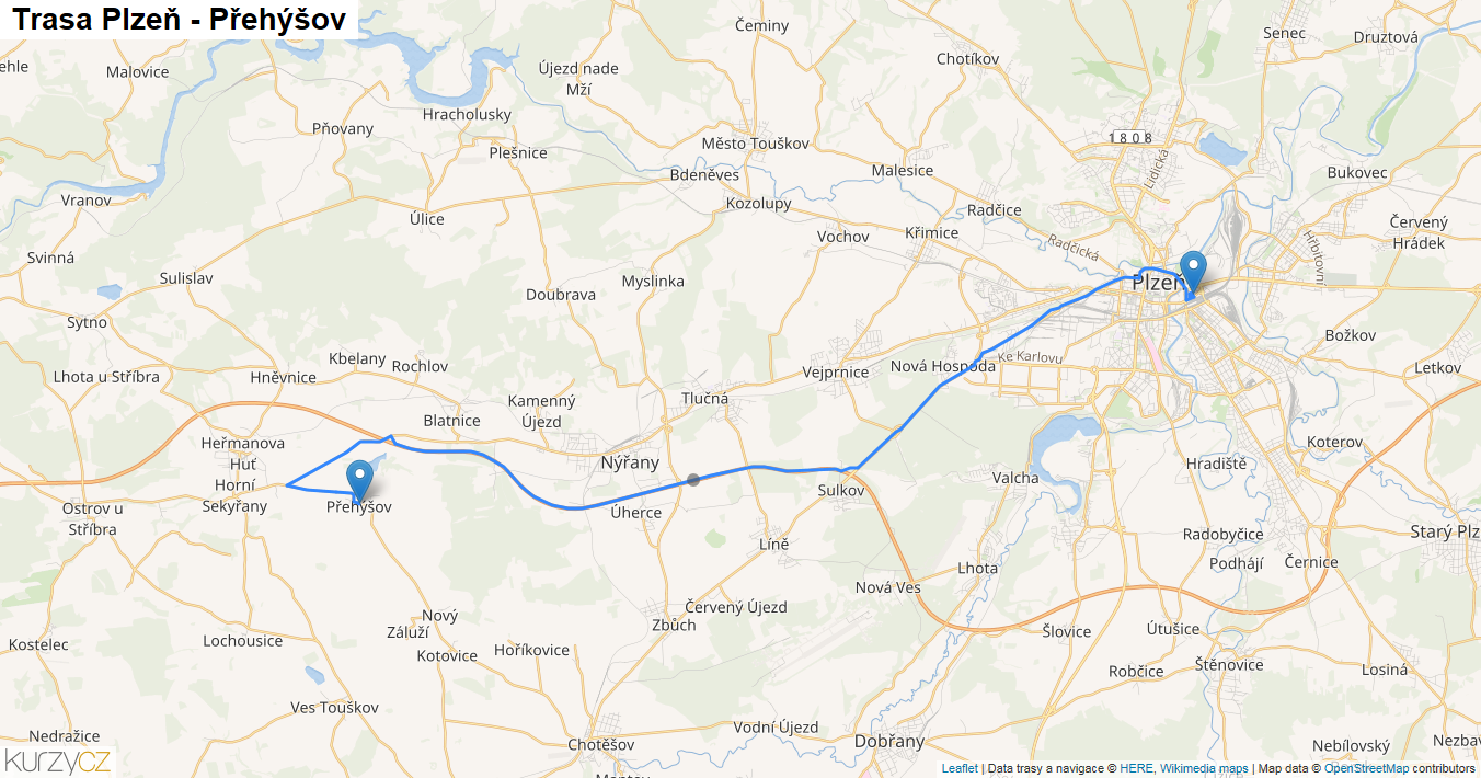 Plzeň-Přehýšov, mapa trasy
