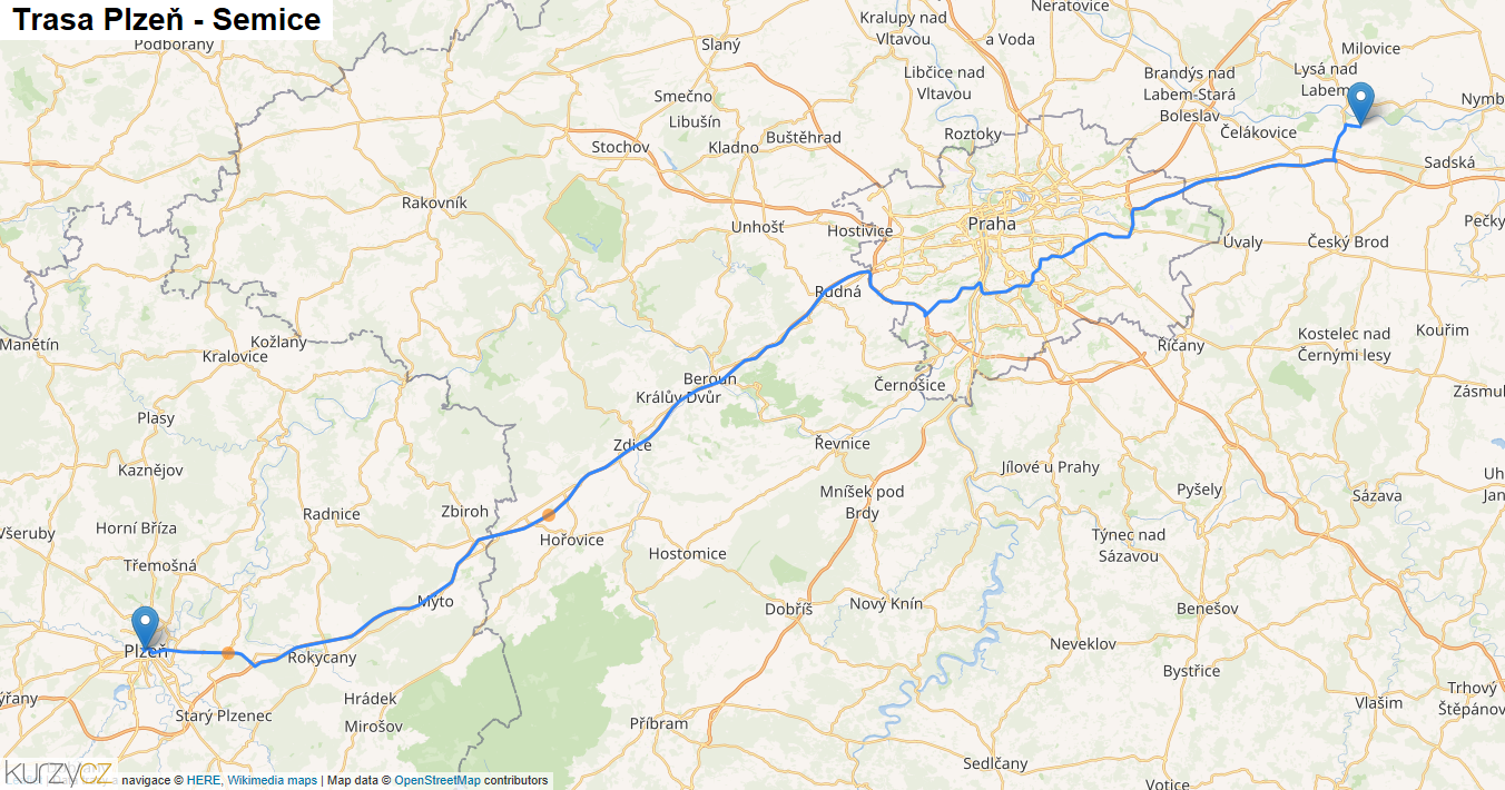 Plzeň-Semice, mapa trasy