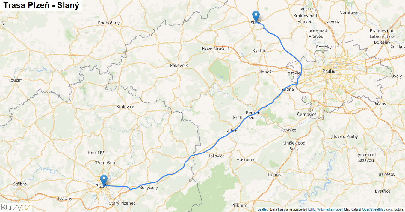 Plzeň-Slaný, mapa trasy