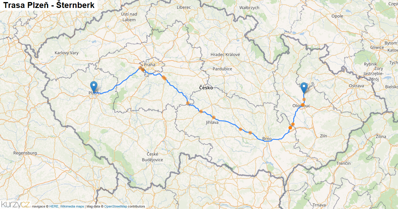 Plzeň-Šternberk, mapa trasy