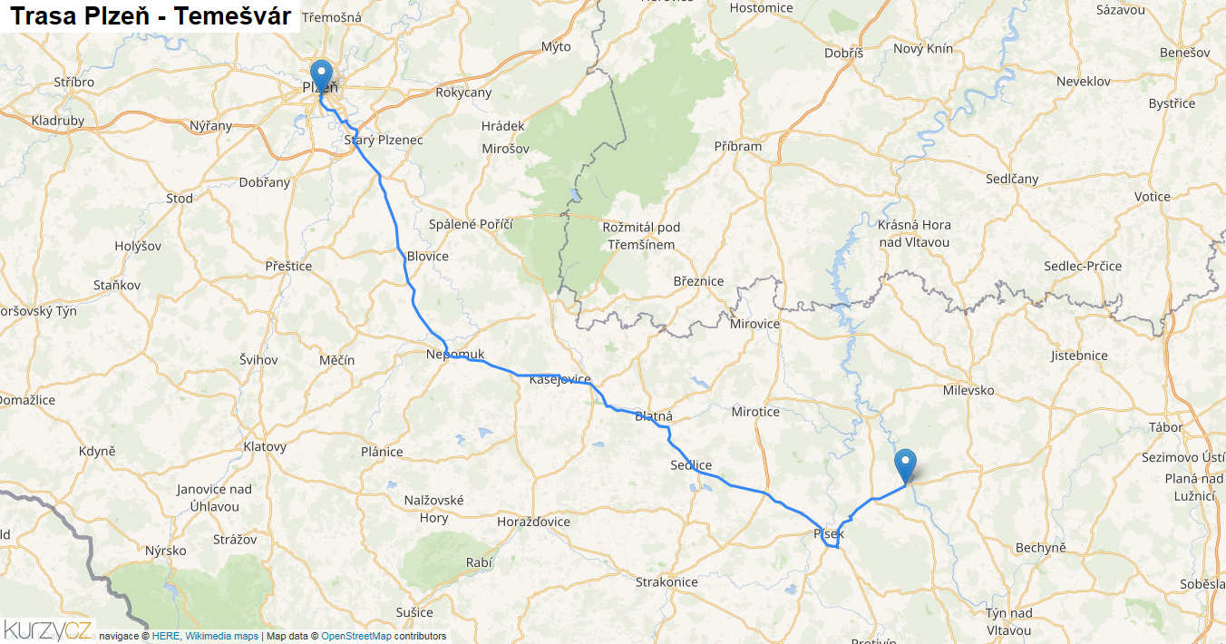 Plzeň-Temešvár, mapa trasy
