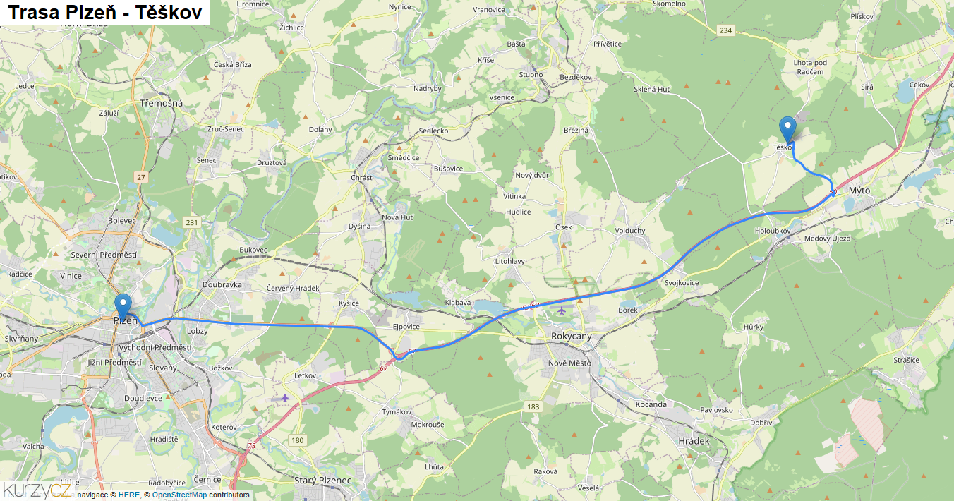 Plzeň-Těškov, mapa trasy