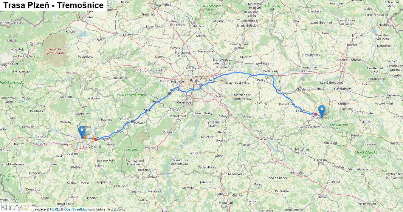 Plzeň-Třemošnice, mapa trasy