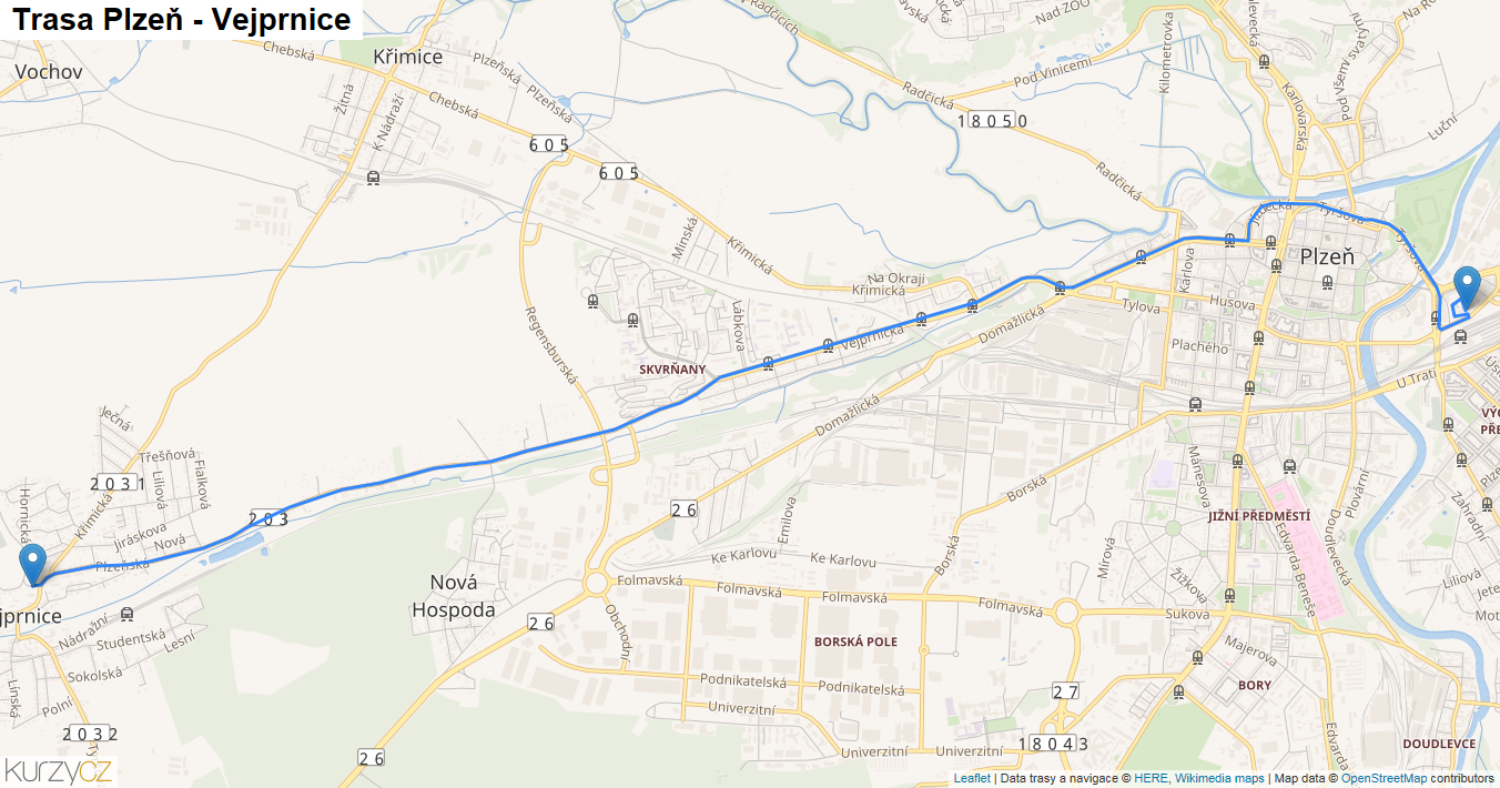 Plzeň-Vejprnice, mapa trasy