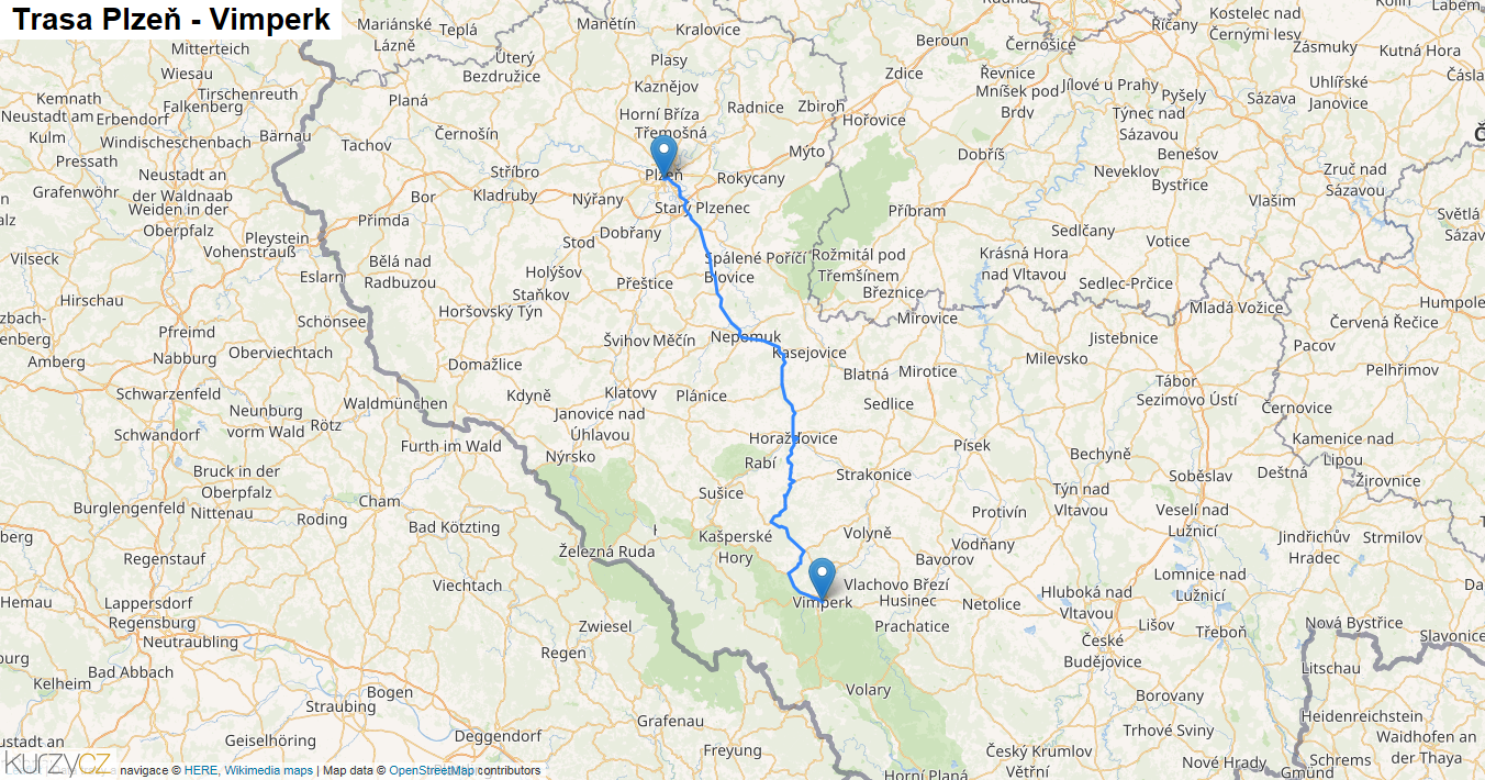 Plzeň-Vimperk, mapa trasy