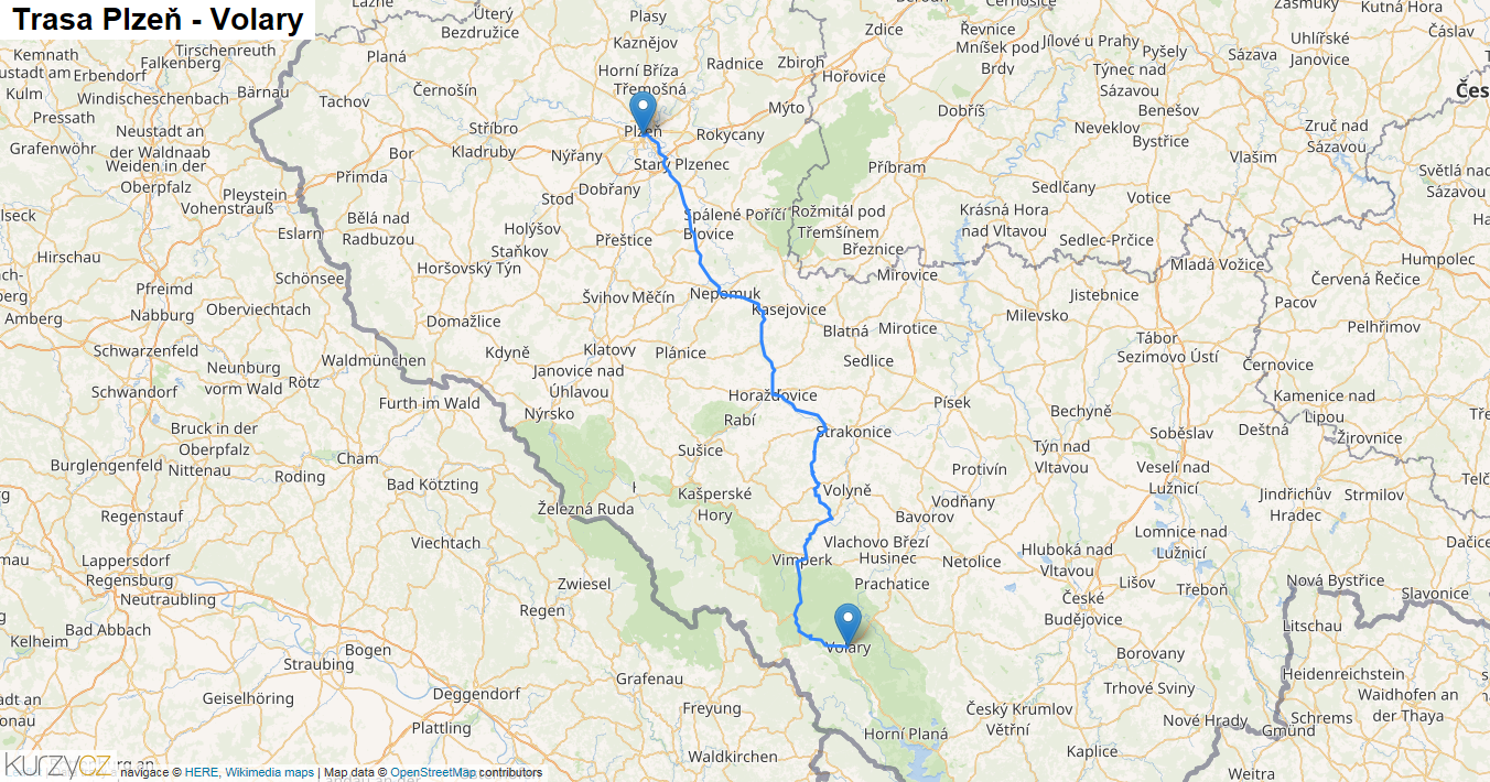 Plzeň-Volary, mapa trasy