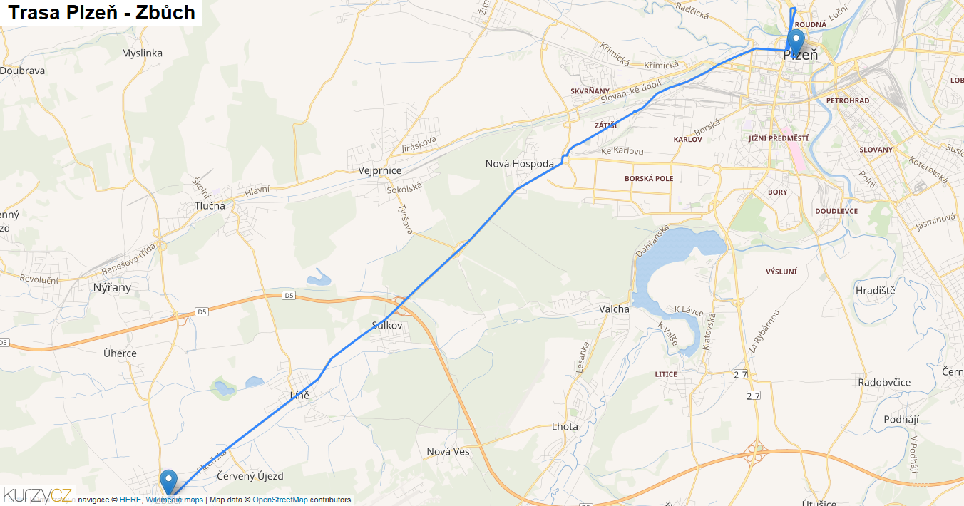 Plzeň-Zbůch, mapa trasy
