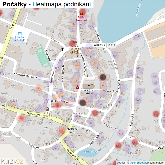 Mapa Počátky - Firmy v obci.