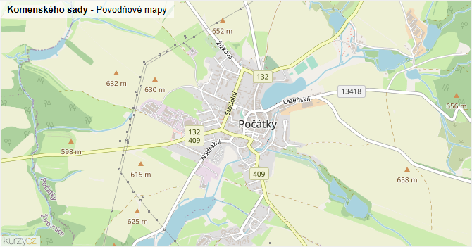 Komenského sady - záplavové mapy stoleté vody