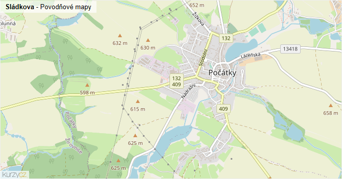 Sládkova - záplavové mapy stoleté vody