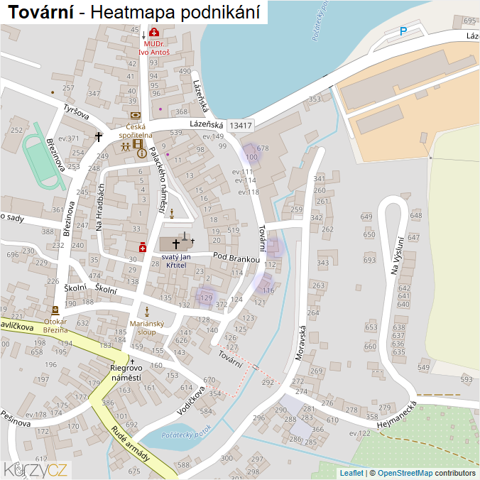 Mapa Tovární - Firmy v ulici.