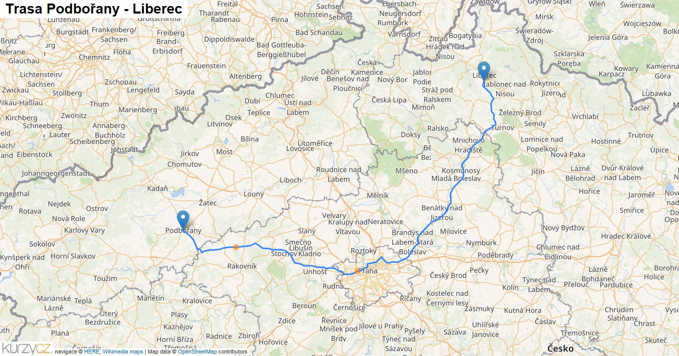 Podbořany-Liberec, mapa trasy