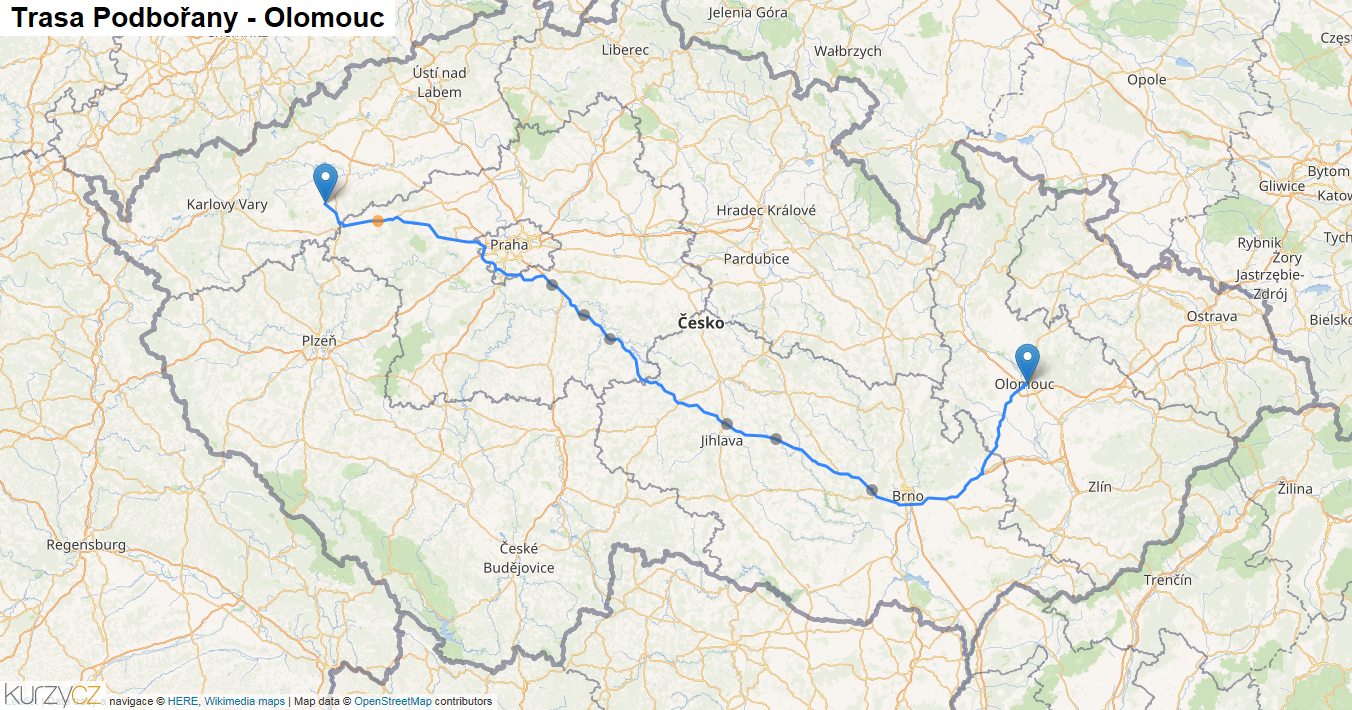 Podbořany-Olomouc, mapa trasy