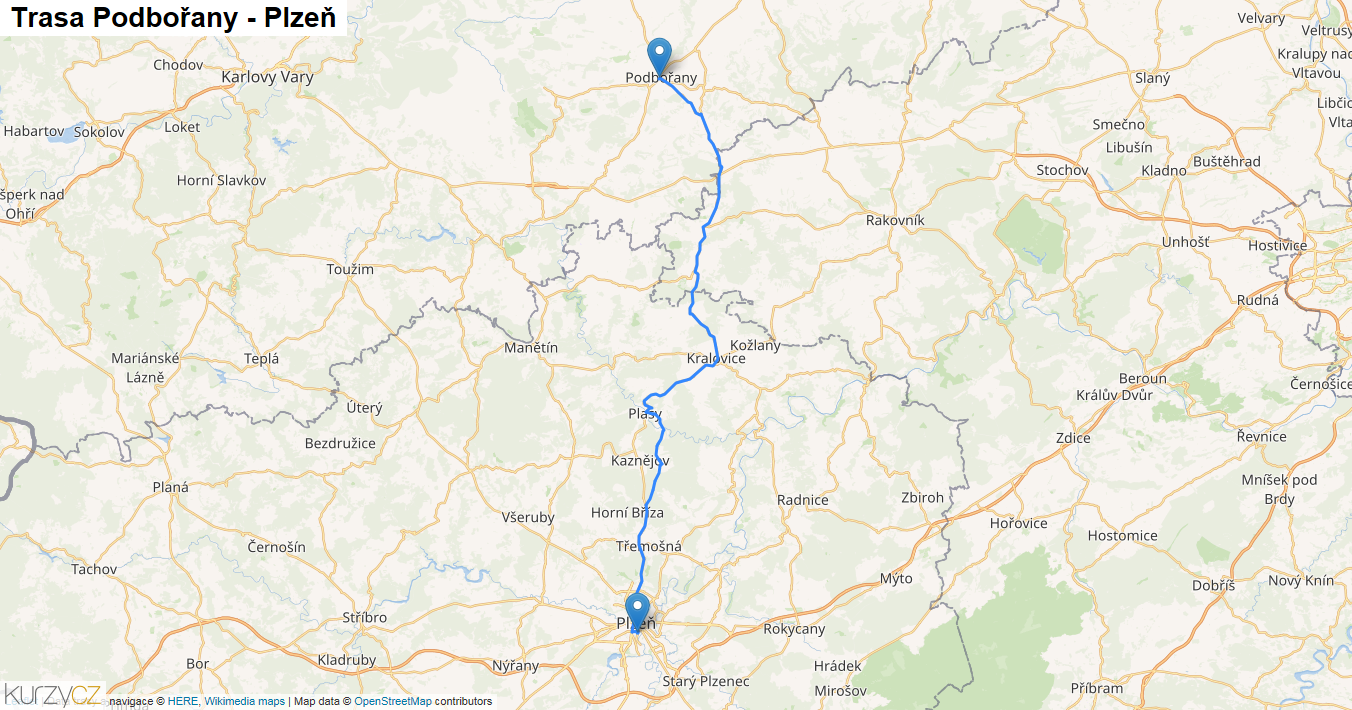 Podbořany-Plzeň, mapa trasy