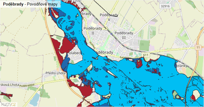 Poděbrady - záplavové mapy stoleté vody