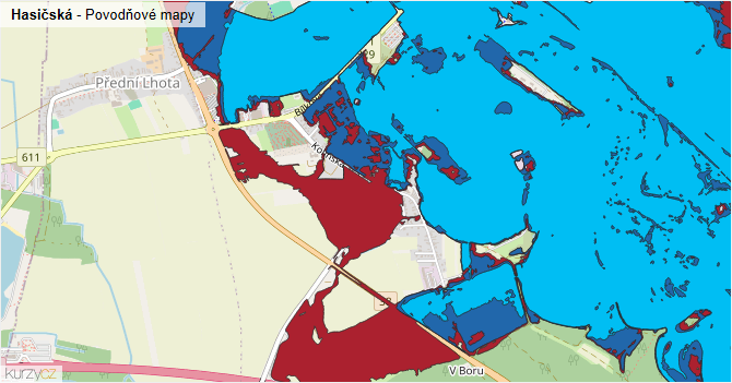 Hasičská - záplavové mapy stoleté vody