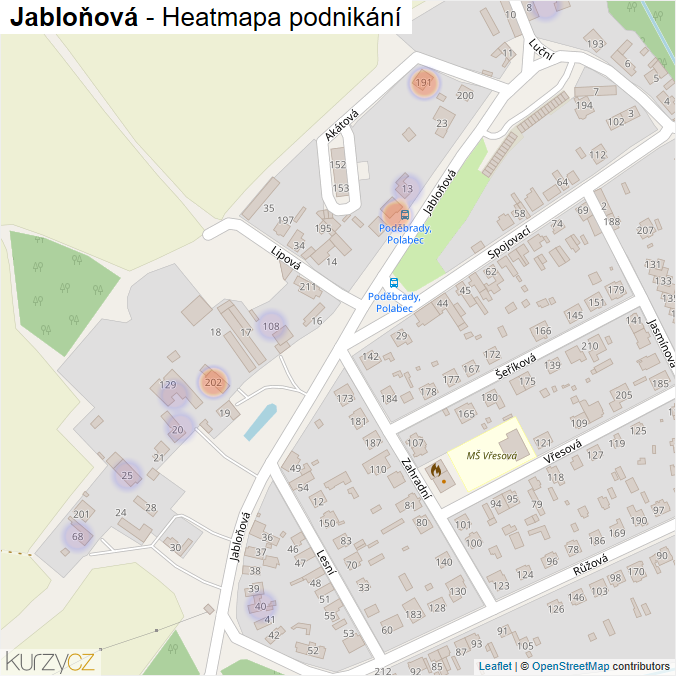 Mapa Jabloňová - Firmy v ulici.