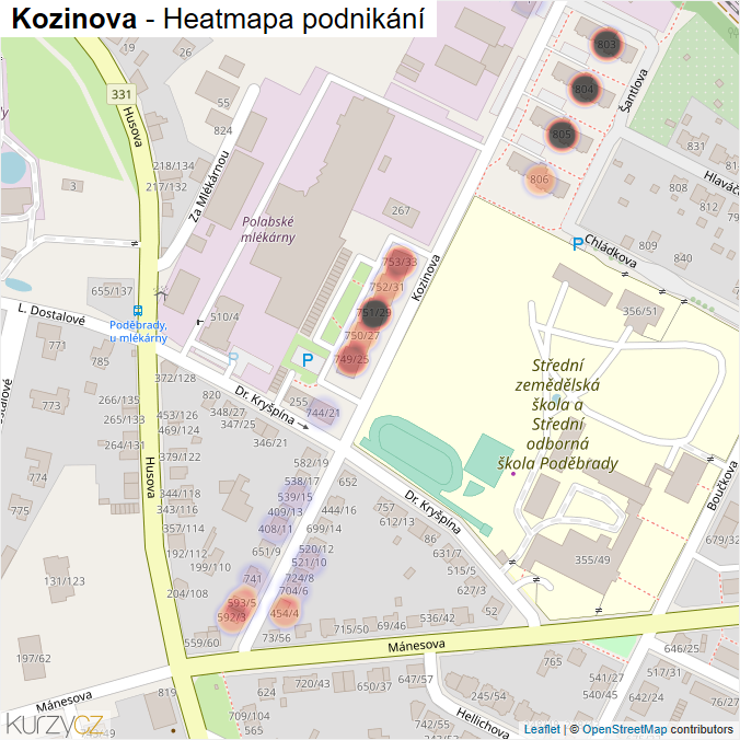 Mapa Kozinova - Firmy v ulici.