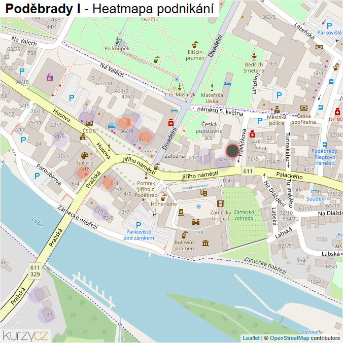 Mapa Poděbrady I - Firmy v části obce.