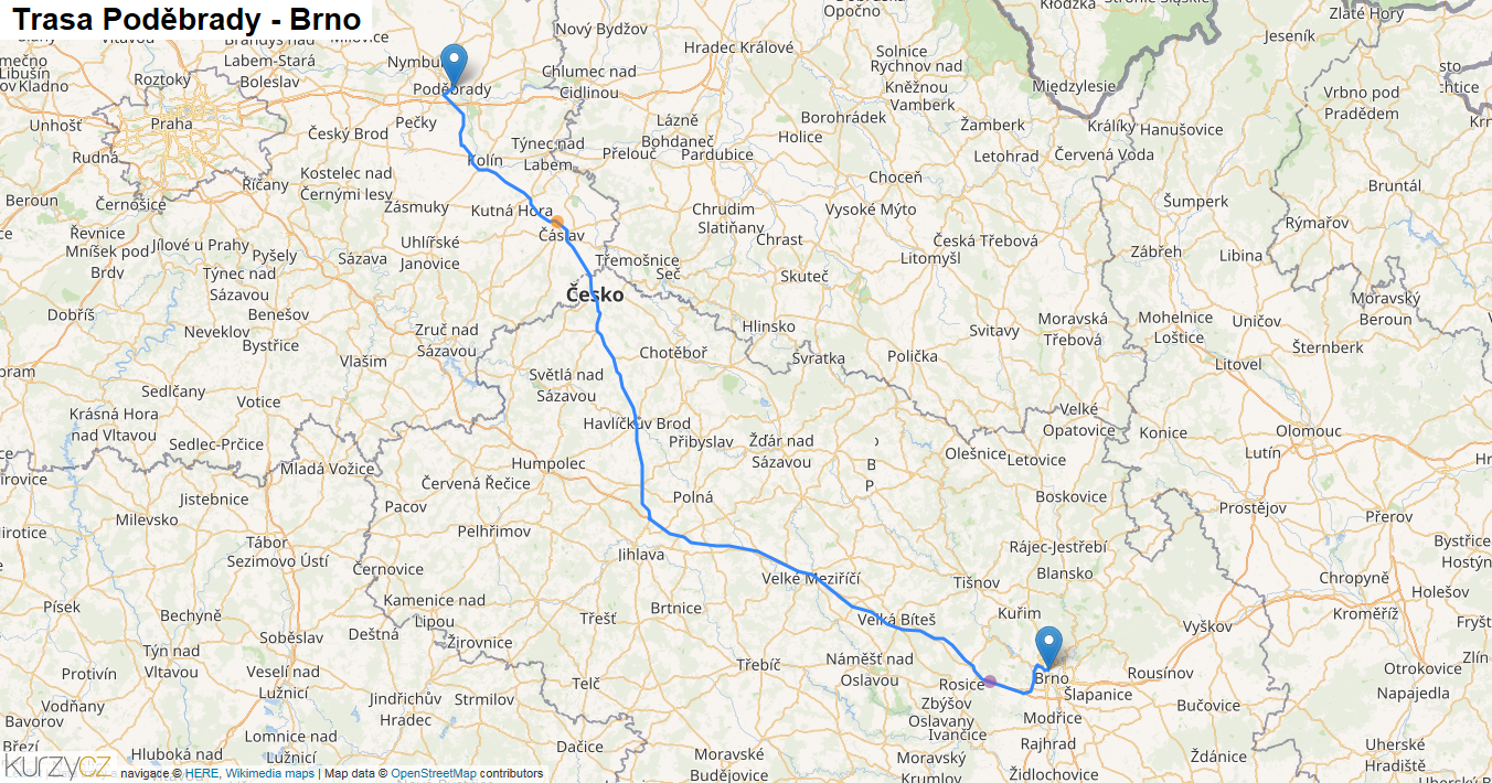 Poděbrady-Brno, mapa trasy