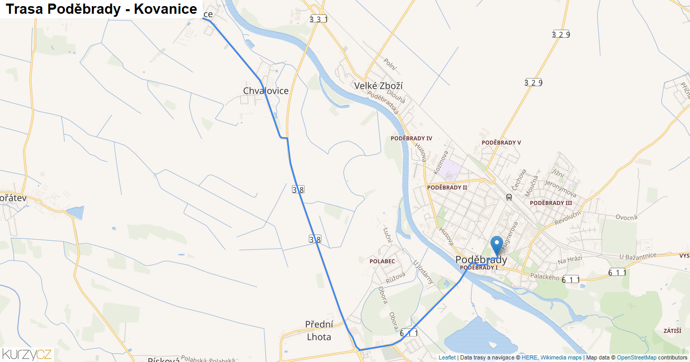 Poděbrady-Kovanice, mapa trasy