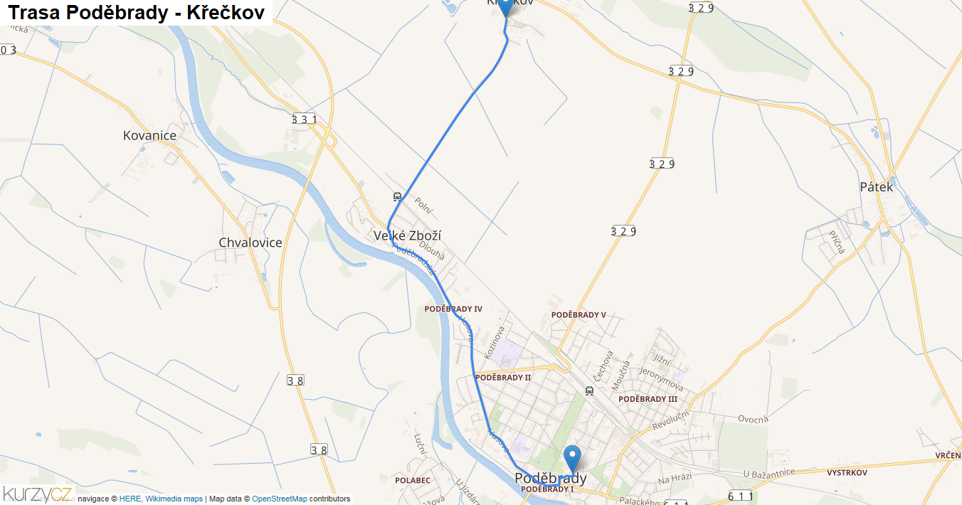 Poděbrady-Křečkov, mapa trasy