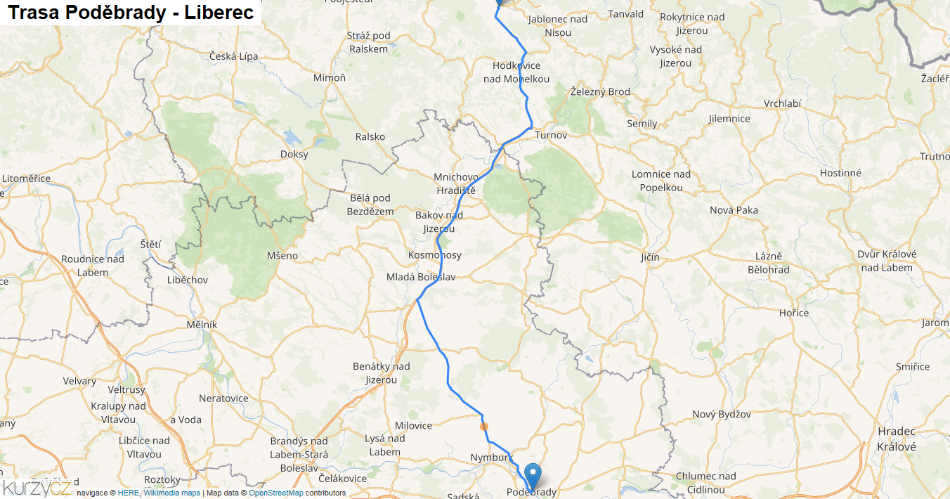Poděbrady-Liberec, mapa trasy