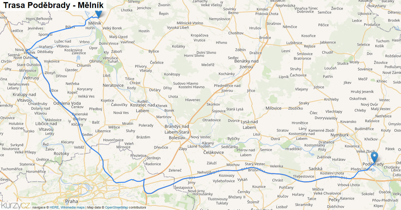 Poděbrady-Mělník, mapa trasy