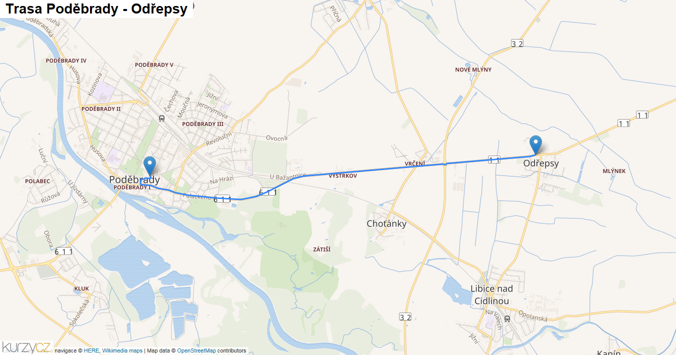 Poděbrady-Odřepsy, mapa trasy
