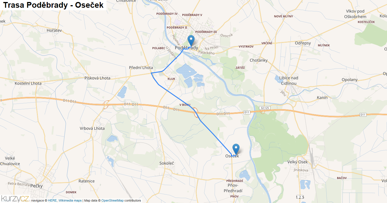 Poděbrady-Oseček, mapa trasy
