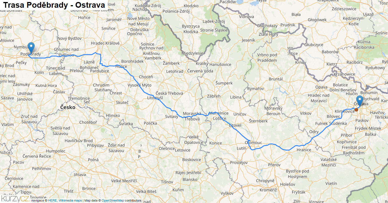 Poděbrady-Ostrava, mapa trasy