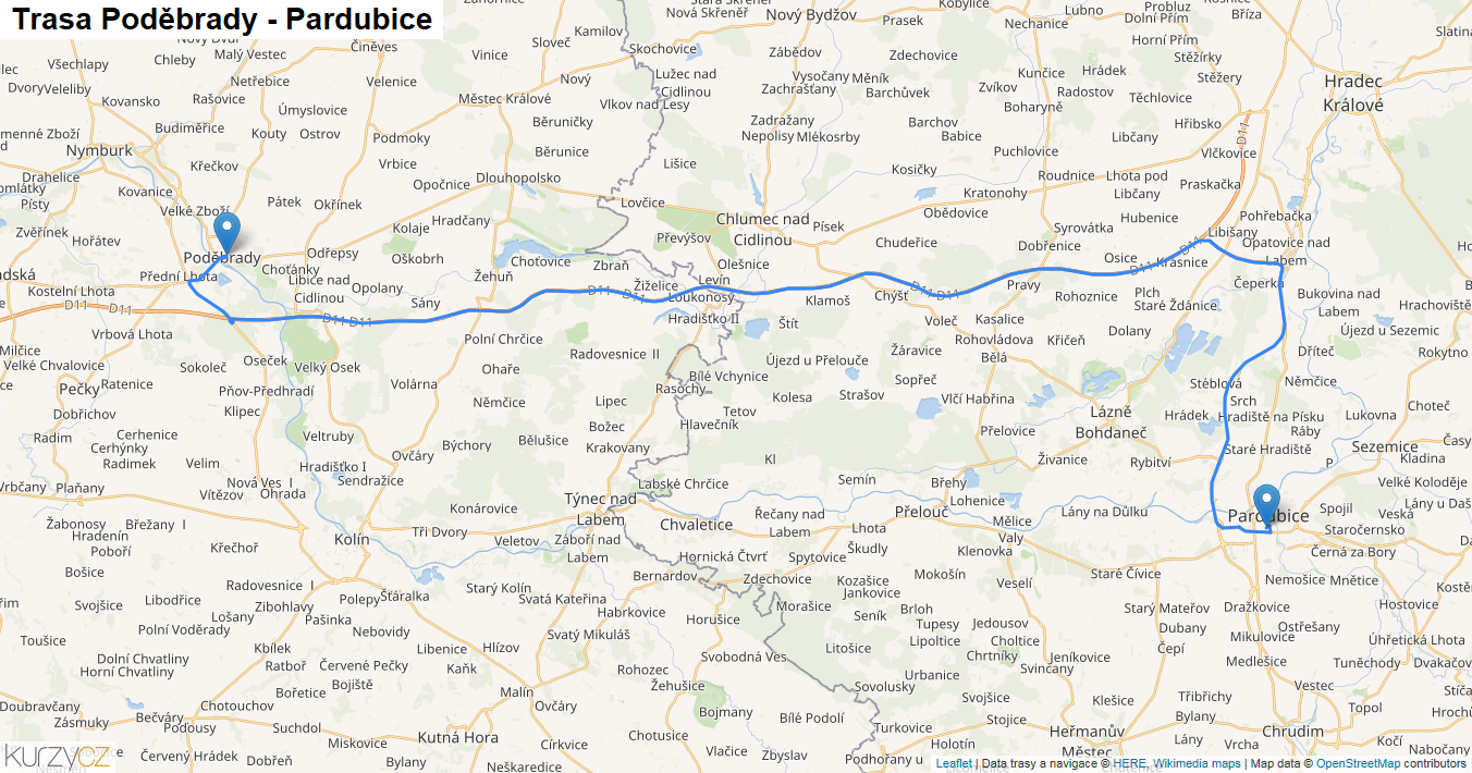 Poděbrady-Pardubice, mapa trasy