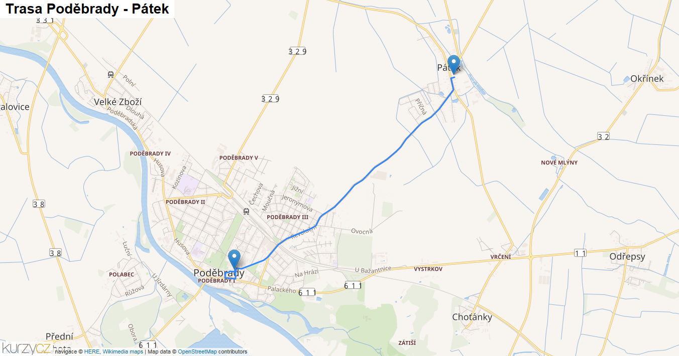 Poděbrady-Pátek, mapa trasy