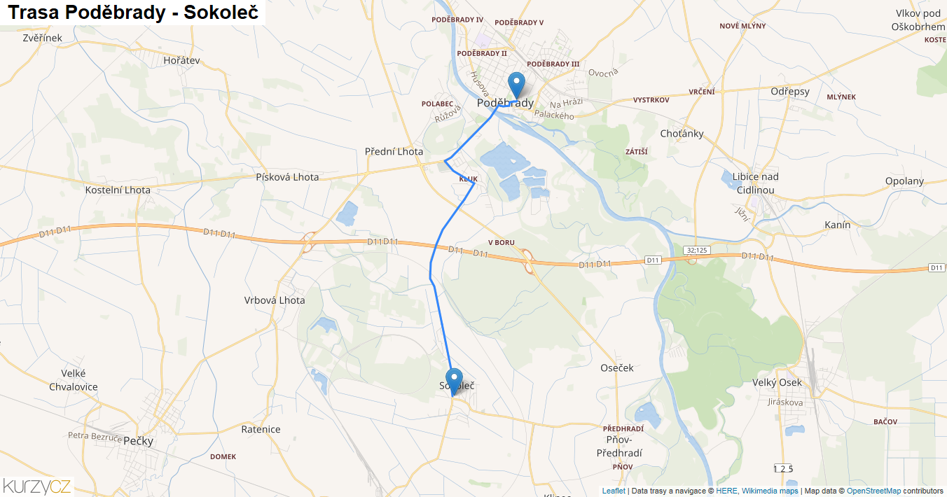 Poděbrady-Sokoleč, mapa trasy