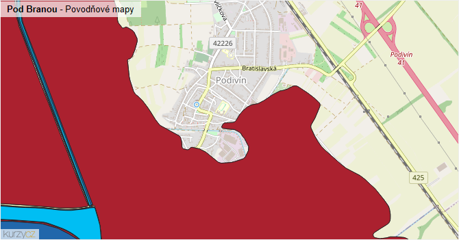 Pod Branou - záplavové mapy stoleté vody